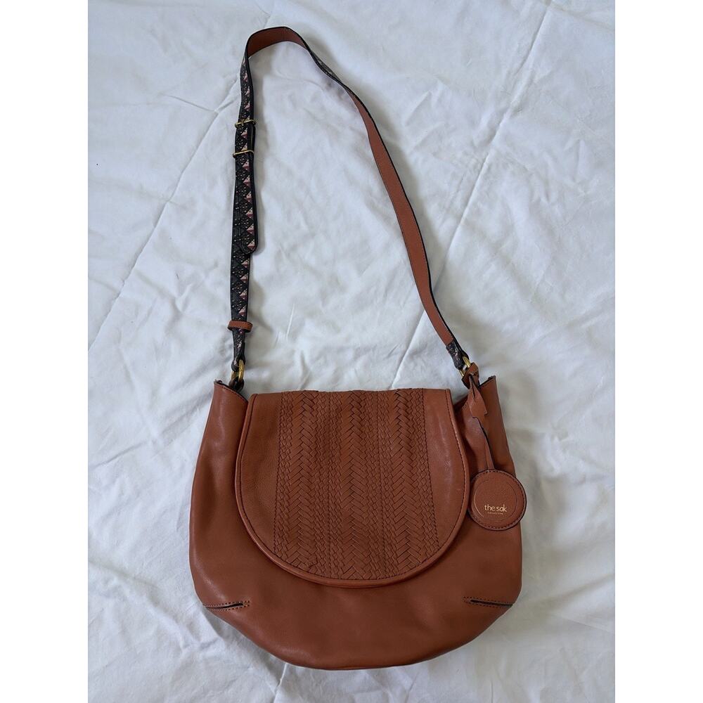 The Sak Leather Woven Flap Crossbody Bag in Cognac
